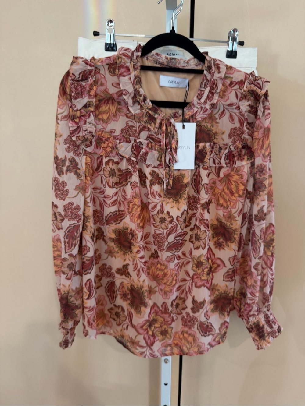 Greylin Maggie Front Floral Ruffle Tie-Neck Blouse NWT (XS)